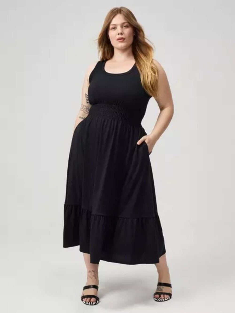 Torrid Tank Dress Shirred Waist Midi 100% Cotton Scoop Neck Jersey Black Plus 3X